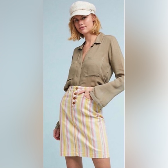 Anthropologie Maeve Striped Stretch Denim Pencil Skirt w/ Brown Buttons Size 10 - Picture 2 of 7